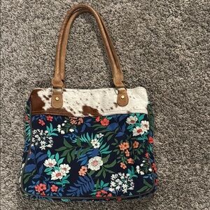 Floral Patterned Myra Tote Bag with Brown Accents